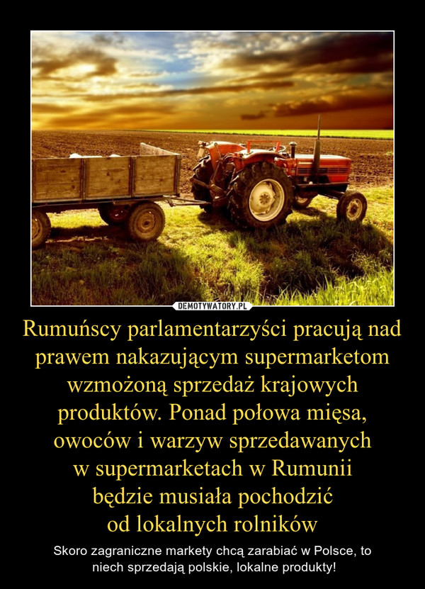 Rumuńscy parlamentarzyści pracują nad prawem nakazującym supermarketom wzmożoną sprzedaż krajowych produktów. Ponad połowa mięsa, owoców i warzyw sprzedawanychw supermarketach w Rumuniibędzie musiała pochodzićod lokalnych rolników – Skoro zagraniczne markety chcą zarabiać w Polsce, to niech sprzedają polskie, lokalne produkty! 