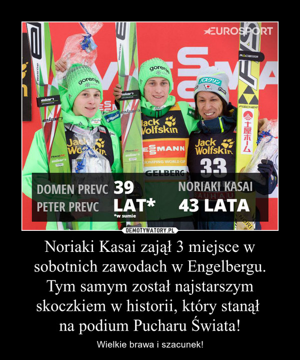 Noriaki Kasai zajął 3 miejsce w sobotnich zawodach w Engelbergu.
 Tym samym został najstarszym 
skoczkiem w historii, który stanął 
na podium Pucharu Świata!