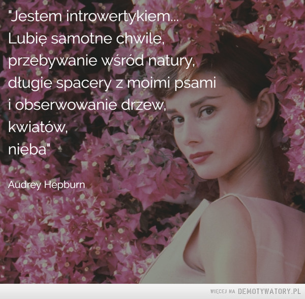 Audrey Hepburn –  "Jestem introwertykiem...Lubię samotne chwile,przebywanie wśród natury,długie spacery z moimi psamii obserwowanie drzew,kwiatów,nieba"