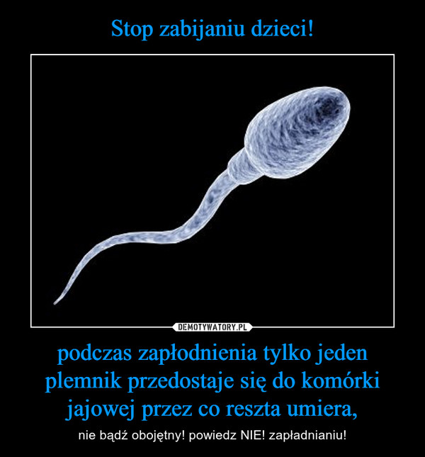 Stop zabijaniu dzieci! podczas zapłodnienia tylko jeden plemnik przedostaje się do komórki jajowej przez co reszta umiera,