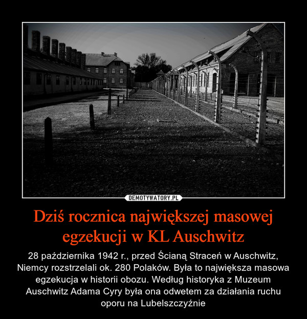 Dziś rocznica największej masowej egzekucji w KL Auschwitz – 28 października 1942 r., przed Ścianą Straceń w Auschwitz, Niemcy rozstrzelali ok. 280 Polaków. Była to największa masowa egzekucja w historii obozu. Według historyka z Muzeum Auschwitz Adama Cyry była ona odwetem za działania ruchu oporu na Lubelszczyźnie 