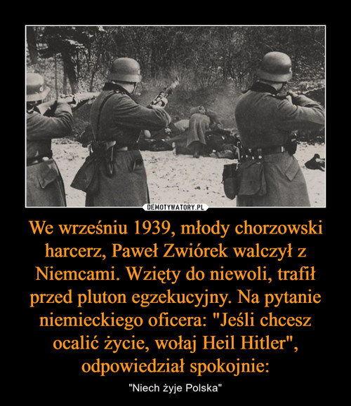 We wrześniu 1939, młody chorzowski harcerz, Paweł Zwiórek walczył z Niemcami. Wzięty do niewoli, trafił przed pluton egzekucyjny. Na pytanie niemieckiego oficera: "Jeśli chcesz ocalić życie, wołaj Heil Hitler", odpowiedział spokojnie: