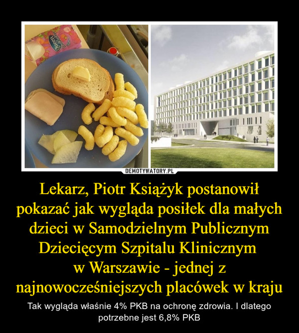 Lekarz, Piotr Książyk postanowił pokazać jak wygląda posiłek dla małych dzieci w Samodzielnym Publicznym Dziecięcym Szpitalu Klinicznym 
w Warszawie - jednej z najnowocześniejszych placówek w kraju
