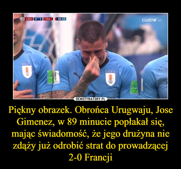 Piękny obrazek. Obrońca Urugwaju, Jose Gimenez, w 89 minucie popłakał się, mając świadomość, że jego drużyna nie zdąży już odrobić strat do prowadzącej 2-0 Francji –  