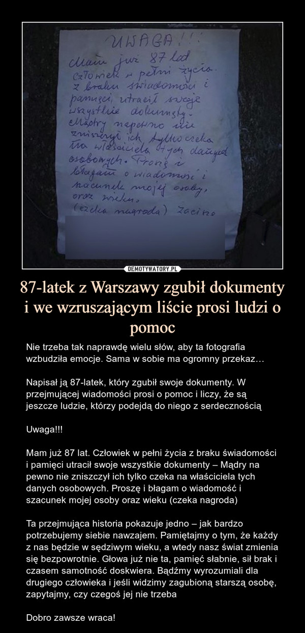 87-latek z Warszawy zgubił dokumenty
i we wzruszającym liście prosi ludzi o pomoc
