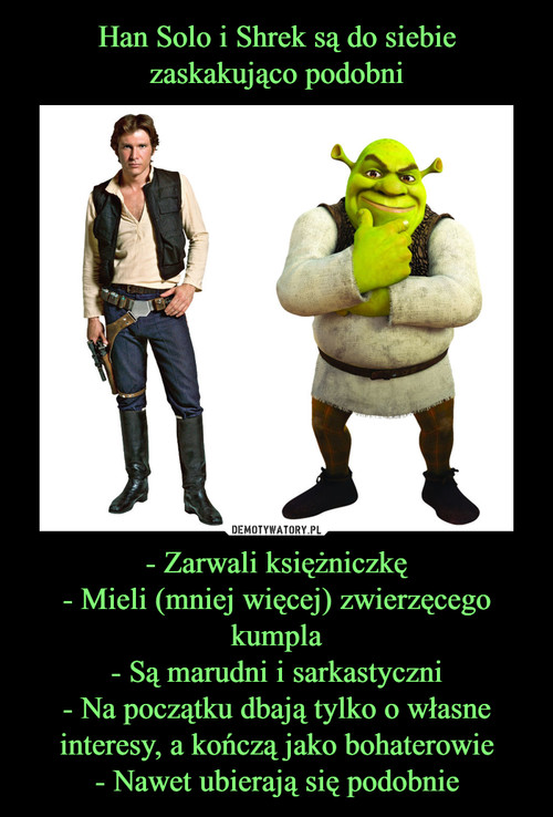 Han Solo i Shrek są do siebie zaskakująco podobni - Zarwali księżniczkę
- Mieli (mniej więcej) zwierzęcego kumpla
- Są marudni i sarkastyczni
- Na początku dbają tylko o własne interesy, a kończą jako bohaterowie
- Nawet ubierają się podobnie