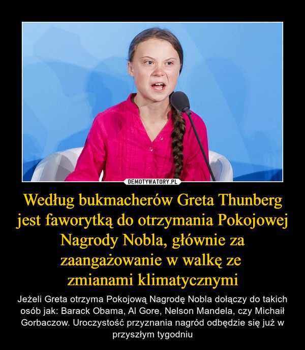 Według bukmacherów Greta Thunberg jest faworytką do otrzymania Pokojowej Nagrody Nobla, głównie za zaangażowanie w walkę ze zmianami klimatycznymi – Jeżeli Greta otrzyma Pokojową Nagrodę Nobla dołączy do takich osób jak: Barack Obama, Al Gore, Nelson Mandela, czy Michaił Gorbaczow. Uroczystość przyznania nagród odbędzie się już w przyszłym tygodniu 