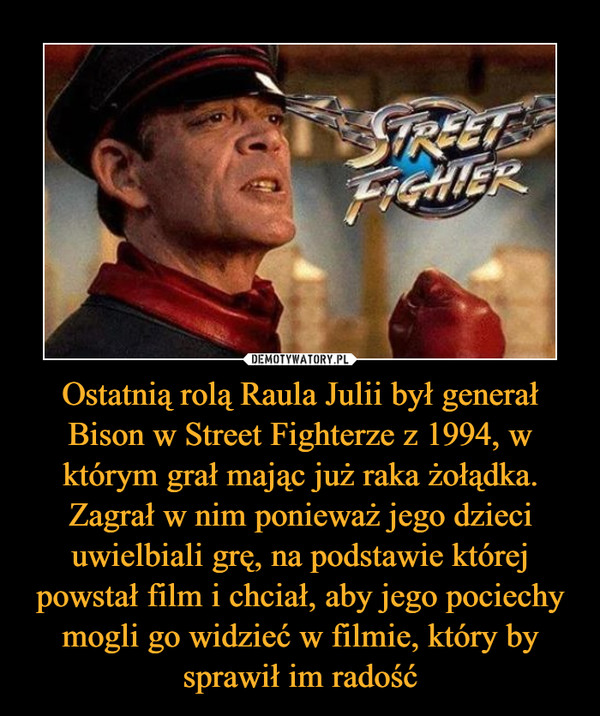Ostatnią rolą Raula Julii był generał Bison w Street Fighterze z 1994, w którym grał mając już raka żołądka. Zagrał w nim ponieważ jego dzieci uwielbiali grę, na podstawie której powstał film i chciał, aby jego pociechy mogli go widzieć w filmie, który by sprawił im radość