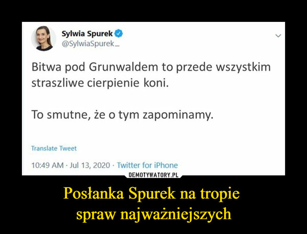 Posłanka Spurek na tropie spraw najważniejszych –  Sylwia Spurek@SylwiaSpurek-Bitwa pod Grunwaldem to przede wszystkimstraszliwe cierpienie koni.To smutne, że o tym zapominamy.Translate Tweet10:49 AM Jul 13, 2020 · Twitter for iPhone