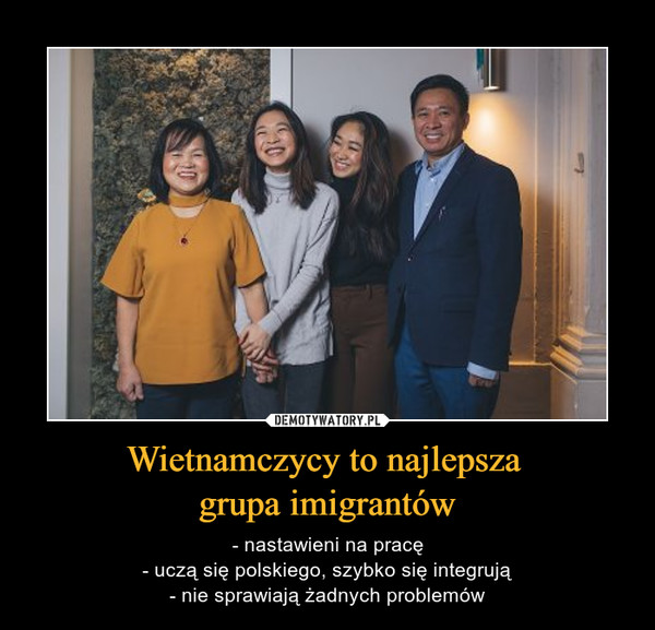 Wietnamczycy to najlepsza grupa imigrantów – - nastawieni na pracę- uczą się polskiego, szybko się integrują- nie sprawiają żadnych problemów 