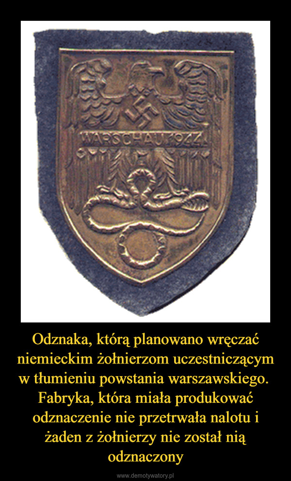 Odznaka, którą planowano wręczać niemieckim żołnierzom uczestniczącym w tłumieniu powstania warszawskiego. Fabryka, która miała produkować odznaczenie nie przetrwała nalotu i żaden z żołnierzy nie został nią odznaczony –  