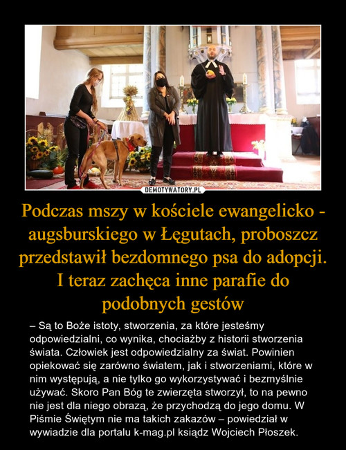 Podczas mszy w kościele ewangelicko - augsburskiego w Łęgutach, proboszcz przedstawił bezdomnego psa do adopcji. I teraz zachęca inne parafie do podobnych gestów