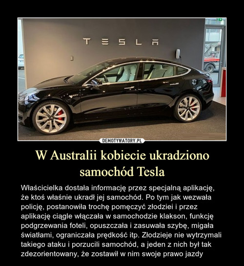 W Australii kobiecie ukradziono samochód Tesla