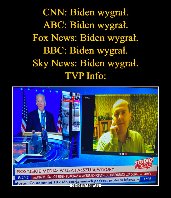 CNN: Biden wygrał.
ABC: Biden wygrał.
Fox News: Biden wygrał.
BBC: Biden wygrał.
Sky News: Biden wygrał.
TVP Info: