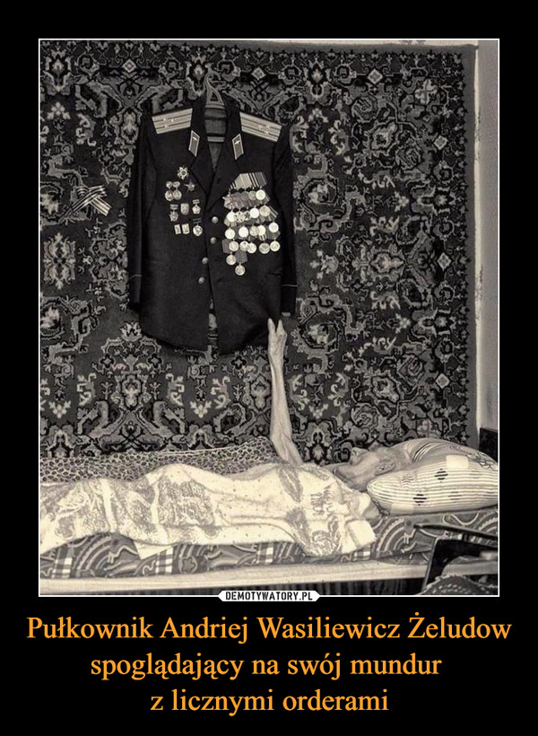Pułkownik Andriej Wasiliewicz Żeludow spoglądający na swój mundur z licznymi orderami –  