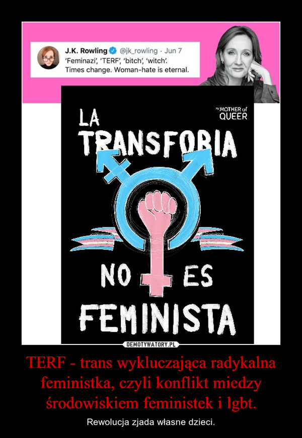 TERF - trans wykluczająca radykalna feministka, czyli konflikt miedzy środowiskiem feministek i lgbt. – Rewolucja zjada własne dzieci. 