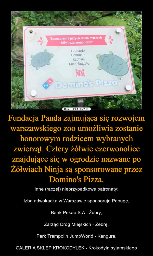 Fundacja Panda zajmująca się rozwojem warszawskiego zoo umożliwia zostanie honorowym rodzicem wybranych zwierząt. Cztery żółwie czerwonolice znajdujące się w ogrodzie nazwane po Żółwiach Ninja są sponsorowane przez Domino's Pizza. – Inne (raczej) nieprzypadkowe patronaty:Izba adwokacka w Warszawie sponsoruje Papugę,Bank Pekao S.A - Żubry,Zarząd Dróg Miejskich - Zebrę,Park Trampolin JumpWorld - Kangura,GALERIA SKLEP KROKODYLEK - Krokodyla syjamskiego 