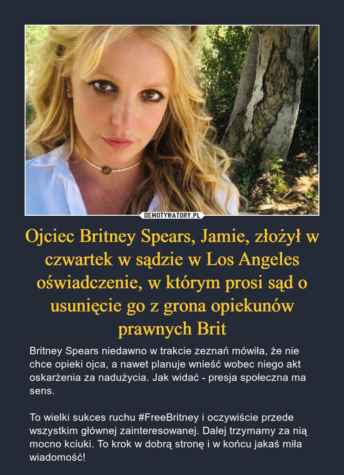 Ojciec Britney Spears, Jamie, złożył w czwartek w sądzie w Los Angeles oświadczenie, w którym prosi sąd o usunięcie go z grona opiekunów prawnych Brit