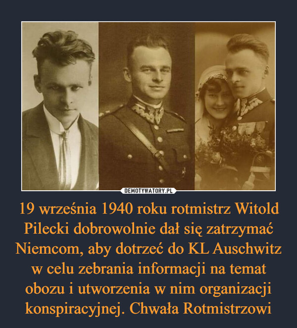 19 września 1940 roku rotmistrz Witold Pilecki dobrowolnie dał się zatrzymać Niemcom, aby dotrzeć do KL Auschwitz w celu zebrania informacji na temat obozu i utworzenia w nim organizacji konspiracyjnej. Chwała Rotmistrzowi