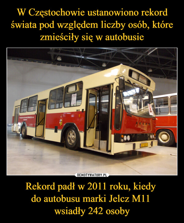 W Częstochowie ustanowiono rekord świata pod względem liczby osób, które zmieściły się w autobusie Rekord padł w 2011 roku, kiedy 
do autobusu marki Jelcz M11 
wsiadły 242 osoby