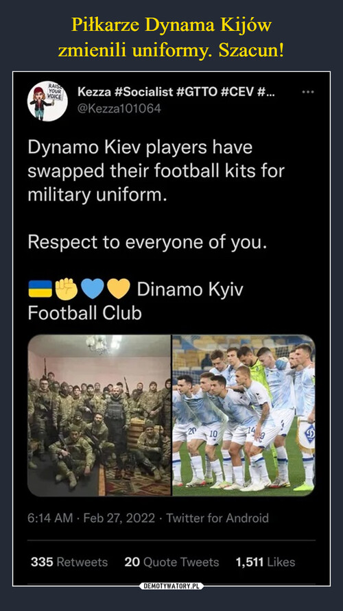 Piłkarze Dynama Kijów
zmienili uniformy. Szacun!