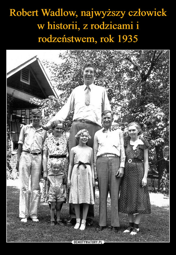 Robert Wadlow, najwyższy człowiek w historii, z rodzicami i rodzeństwem, rok 1935
