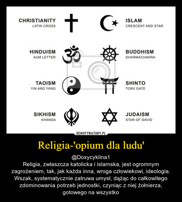 Religia-'opium dla ludu' – @Doxycyklina1Religia, zwłaszcza katolicka i islamska, jest ogromnym zagrożeniem, tak, jak każda inna, wroga człowiekowi, ideologia. Wszak, systematycznie zatruwa umysł, dążąc do całkowitego zdominowania potrzeb jednostki, czyniąc z niej żołnierza, gotowego na wszystko 