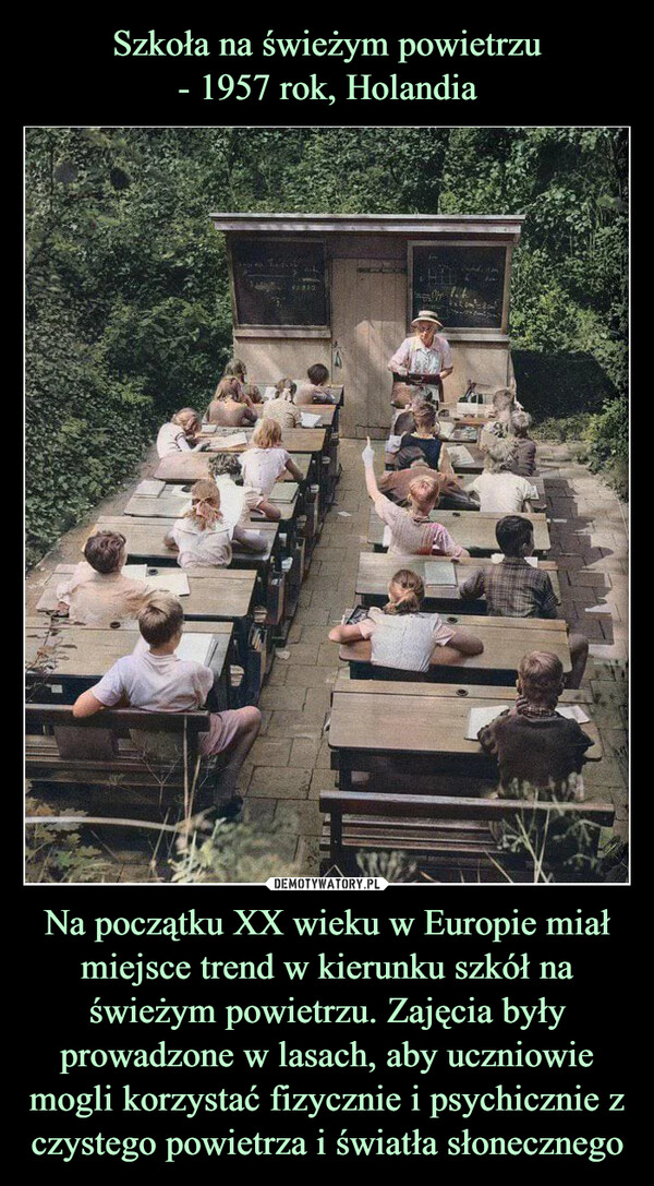 Na początku XX wieku w Europie miał miejsce trend w kierunku szkół na świeżym powietrzu. Zajęcia były prowadzone w lasach, aby uczniowie mogli korzystać fizycznie i psychicznie z czystego powietrza i światła słonecznego –  