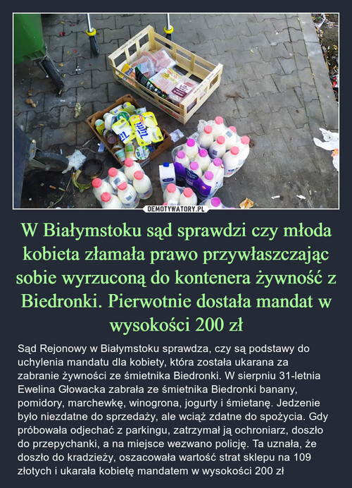 W Białymstoku sąd sprawdzi czy młoda kobieta złamała prawo przywłaszczając sobie wyrzuconą do kontenera żywność z Biedronki. Pierwotnie dostała mandat w wysokości 200 zł