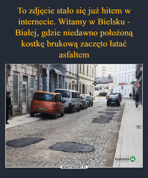 To zdjęcie stało się już hitem w internecie. Witamy w Bielsku - Białej, gdzie niedawno położoną kostkę brukową zaczęto łatać asfaltem