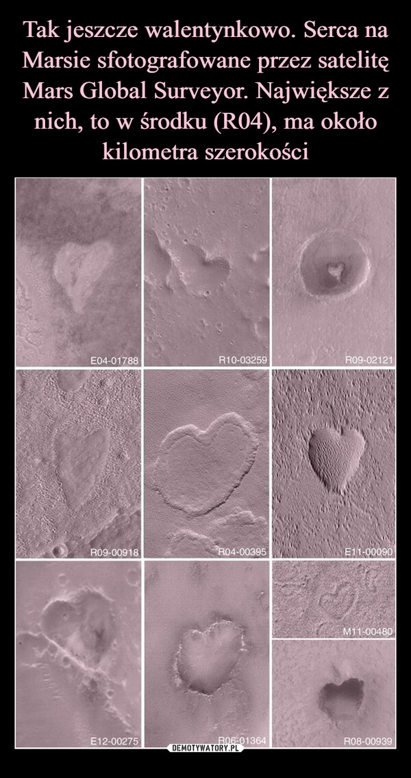 Tak jeszcze walentynkowo. Serca na Marsie sfotografowane przez satelitę Mars Global Surveyor. Największe z nich, to w środku (R04), ma około kilometra szerokości
