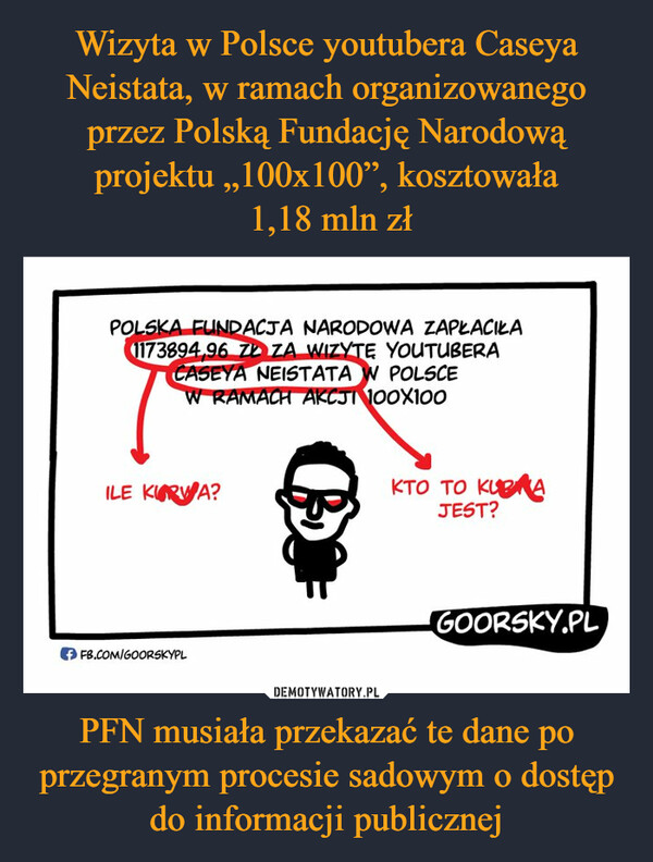 Wizyta w Polsce youtubera Caseya Neistata, w ramach organizowanego przez Polską Fundację Narodową projektu „100x100”, kosztowała
 1,18 mln zł PFN musiała przekazać te dane po przegranym procesie sadowym o dostęp do informacji publicznej