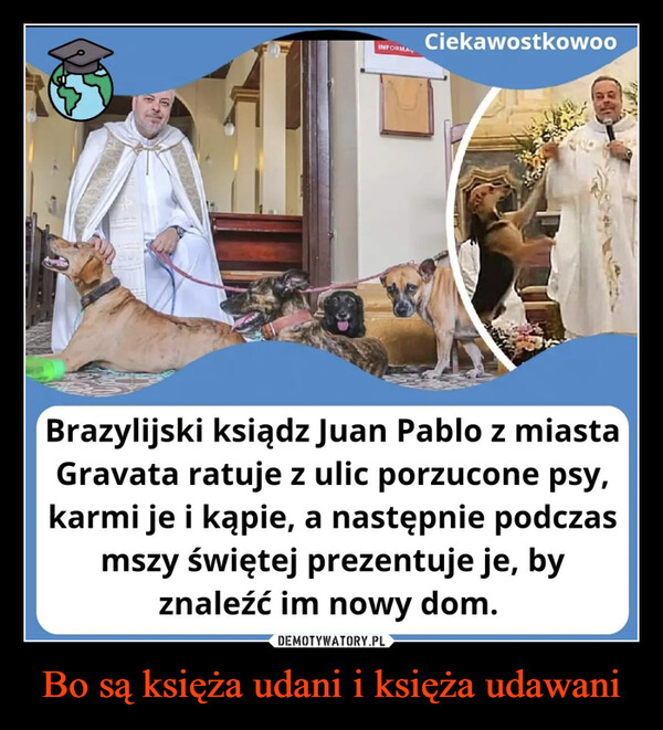 Bo są księża udani i księża udawani –  INFORMACiekawostkowooBrazylijski ksiądz Juan Pablo z miastaGravata ratuje z ulic porzucone psy,karmi je i kąpie, a następnie podczasmszy świętej prezentuje je, byznaleźć im nowy dom.