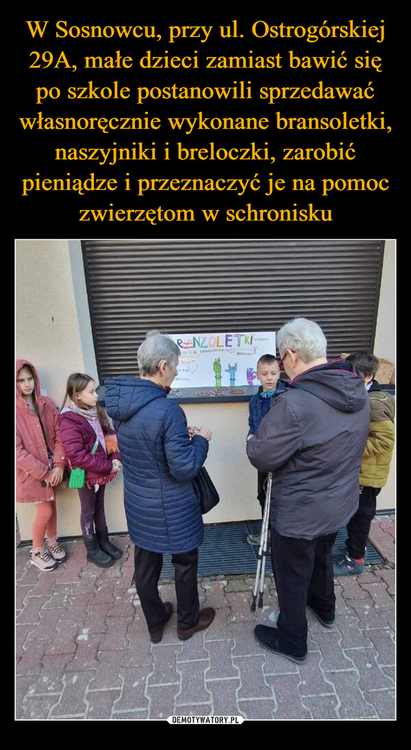 W Sosnowcu, przy ul. Ostrogórskiej 29A, małe dzieci zamiast bawić się po szkole postanowili sprzedawać własnoręcznie wykonane bransoletki, naszyjniki i breloczki, zarobić pieniądze i przeznaczyć je na pomoc zwierzętom w schronisku