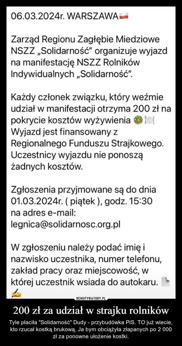 200 zł za udział w strajku rolników