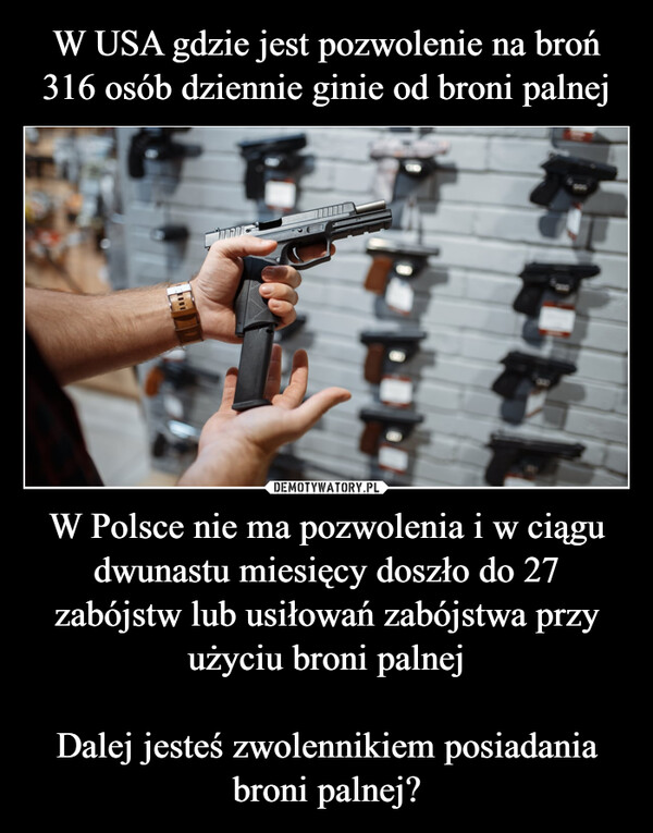 W Polsce nie ma pozwolenia i w ciągu dwunastu miesięcy doszło do 27 zabójstw lub usiłowań zabójstwa przy użyciu broni palnejDalej jesteś zwolennikiem posiadania broni palnej? –  